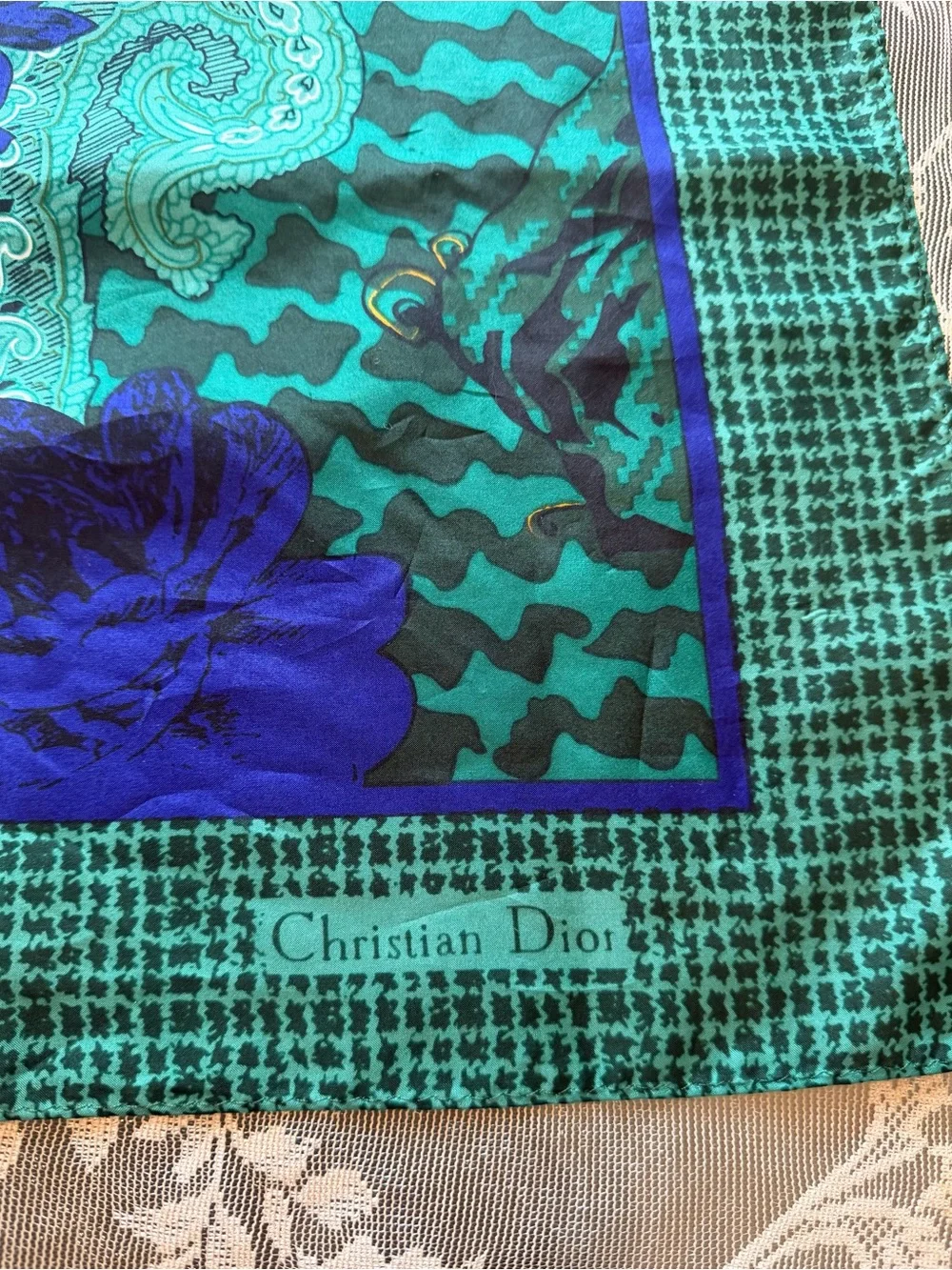 Vintage Dior Green and Blue Floral Paisley Silk Scarf